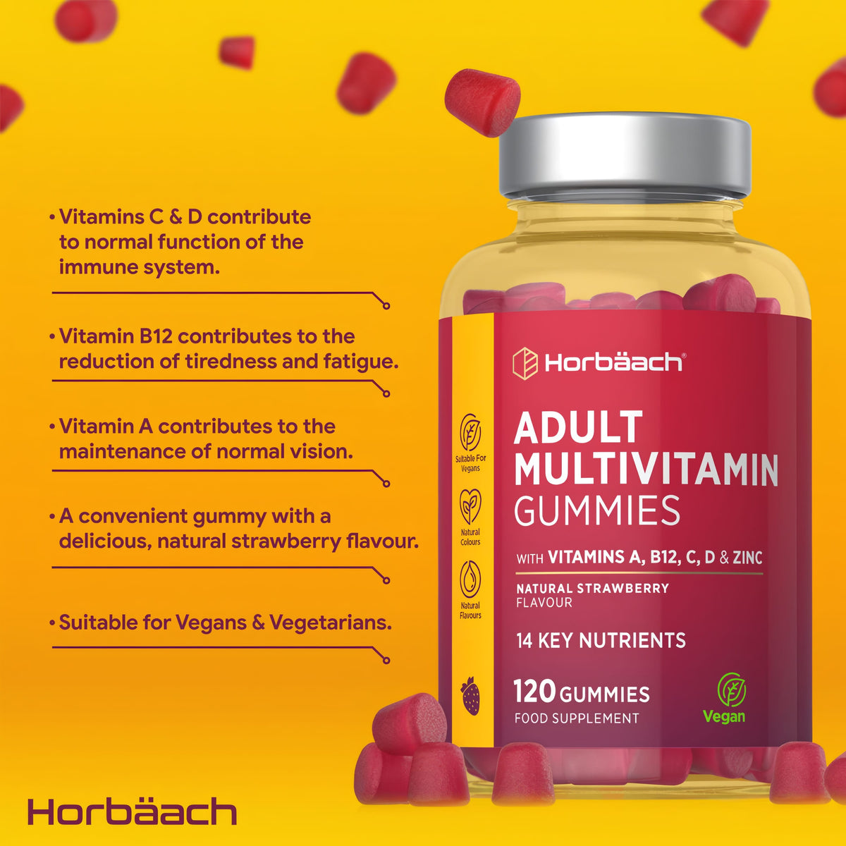 Product highlights graphic stating Vitamins C & D for immune support, B12 for energy, less fatigue, A for vision, vegan strawberry.