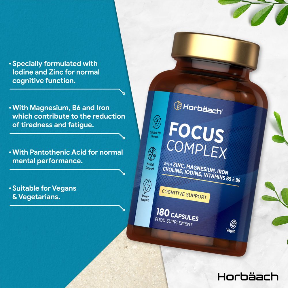 Horbäach Focus Complex bottle with 180 vegan capsules for mental clarity.