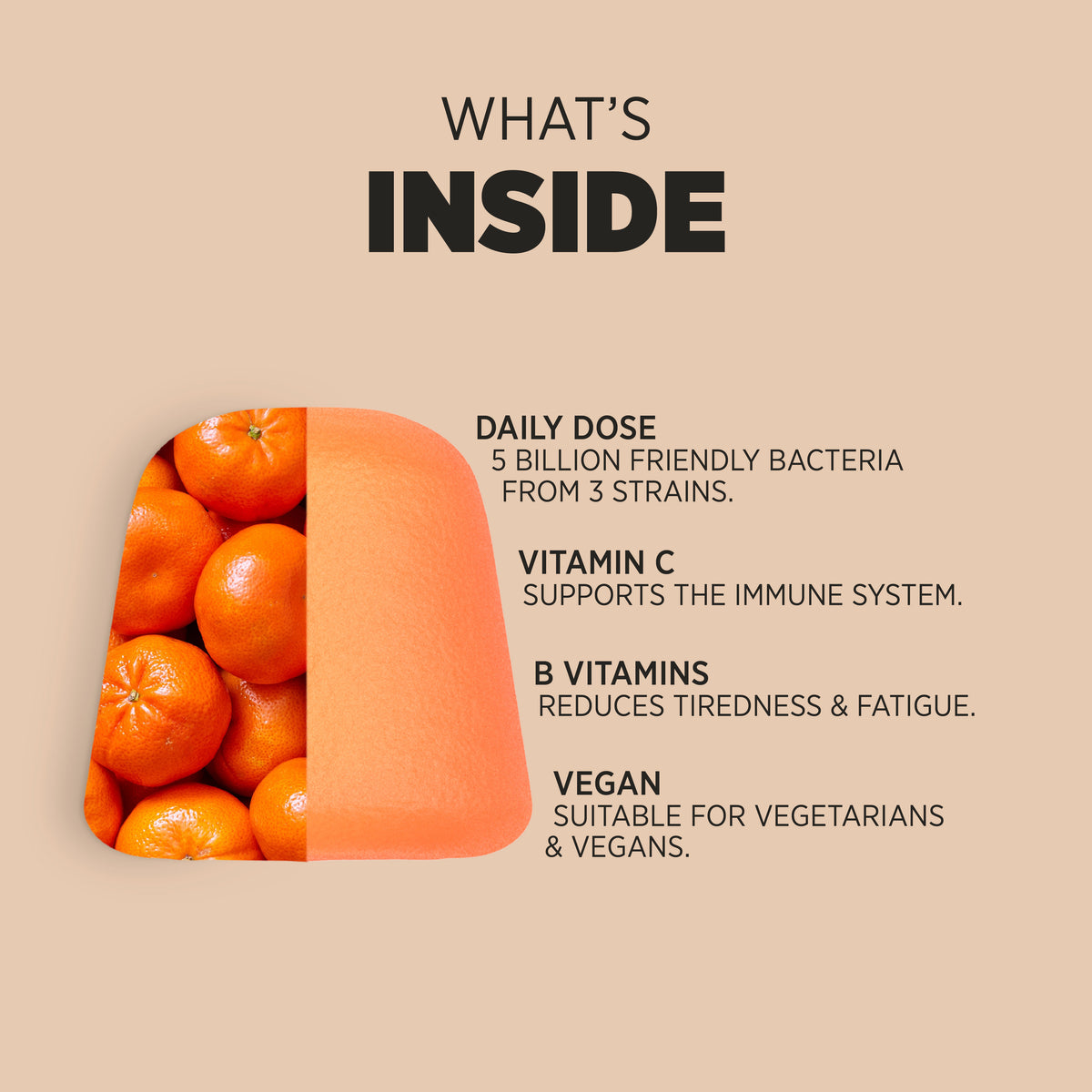 Product highlights graphic stating 5B friendly bacteria, 3 strains, Vitamin C for immune support, B Vitamins reduce tiredness & fatigue, Vegan.