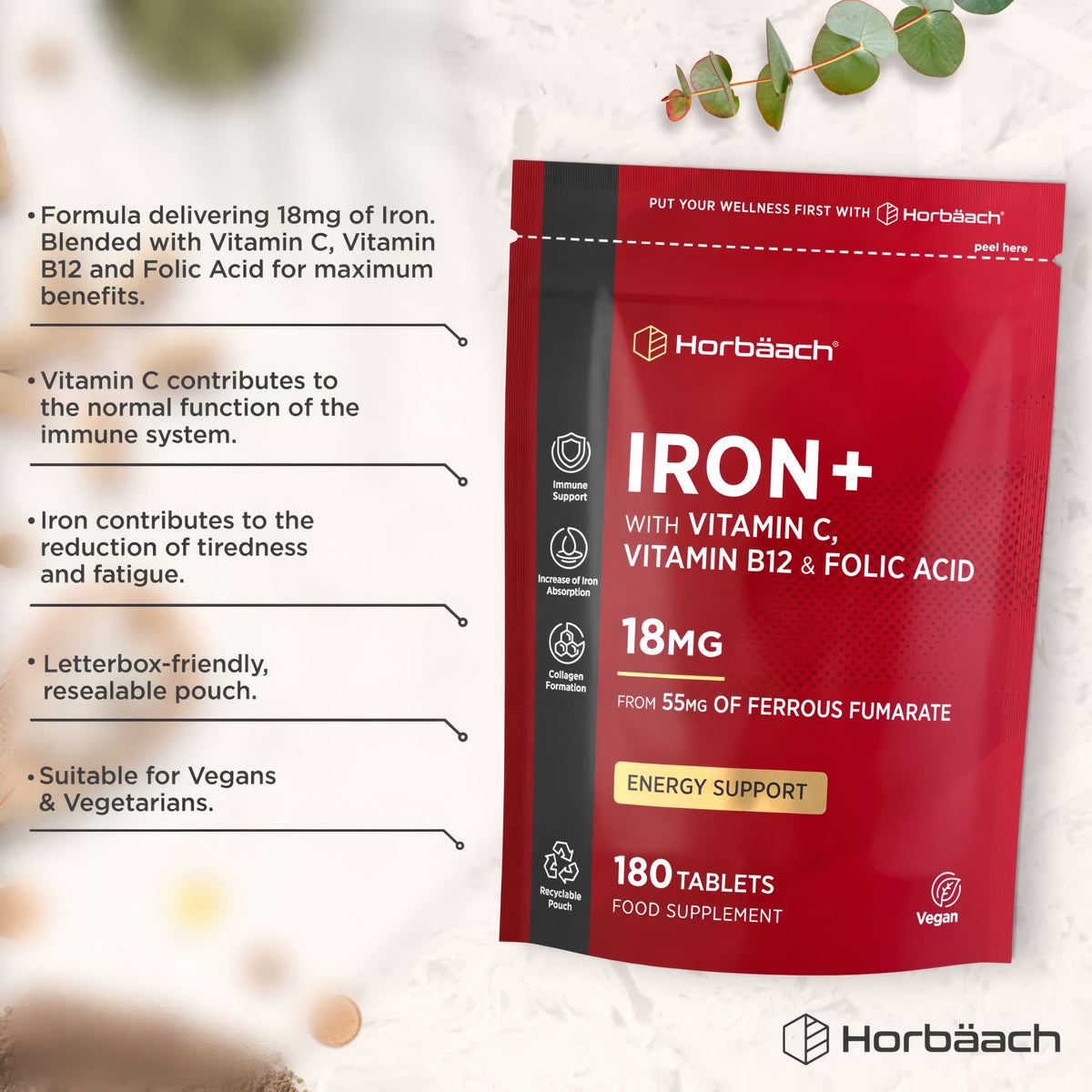 Horbäach Iron+ 18mg with Vitamin C, B12, Folic Acid. 180 tablets for energy support in a recyclable, vegan pouch.