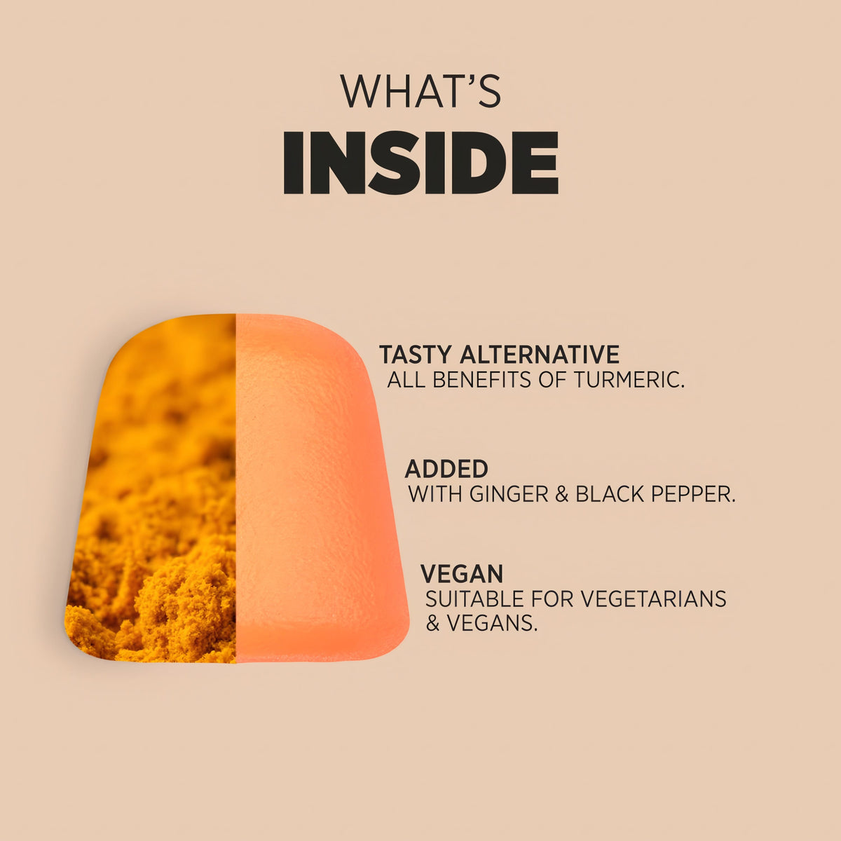 Product highlights graphic stating all benefits of turmeric: tasty alternative with added ginger and black pepper, vegan.