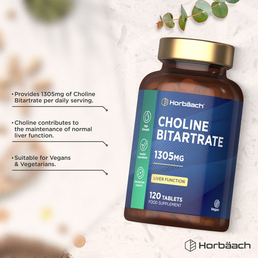 Bottle of Choline Bitartrate 1305mg, 120 Vegan Tablets, for liver support and metabolism, featuring high strength and quality ingredients.