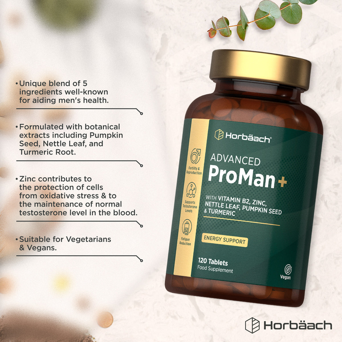 HU ProMan Plus Formula 120 Vegan Tablets bottle with label listing Vitamin B2, Zinc, Nettle Leaf, Pumpkin Seed, and Turmeric.