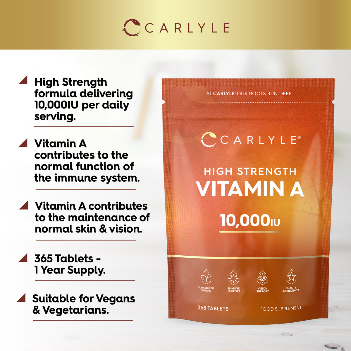 High Strength Vitamin A 10,000IU 365 Tablets pouch for immune, skin, and vision support; vegan, one-year supply.