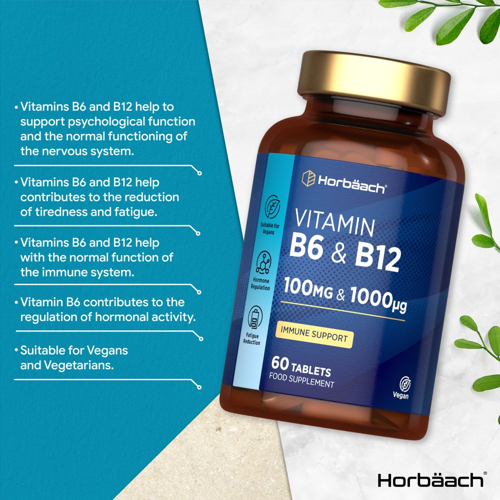 60 vegan tablets containing Vitamin B6 100mg and B12 1000µg displayed on a hand, showcasing supplement size and packaging.