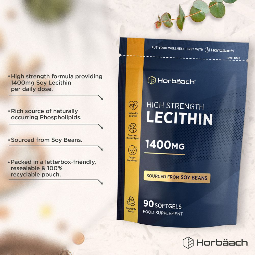 A hand holding a bottle of 90 softgels, each containing 1400mg of Soy Lecithin.