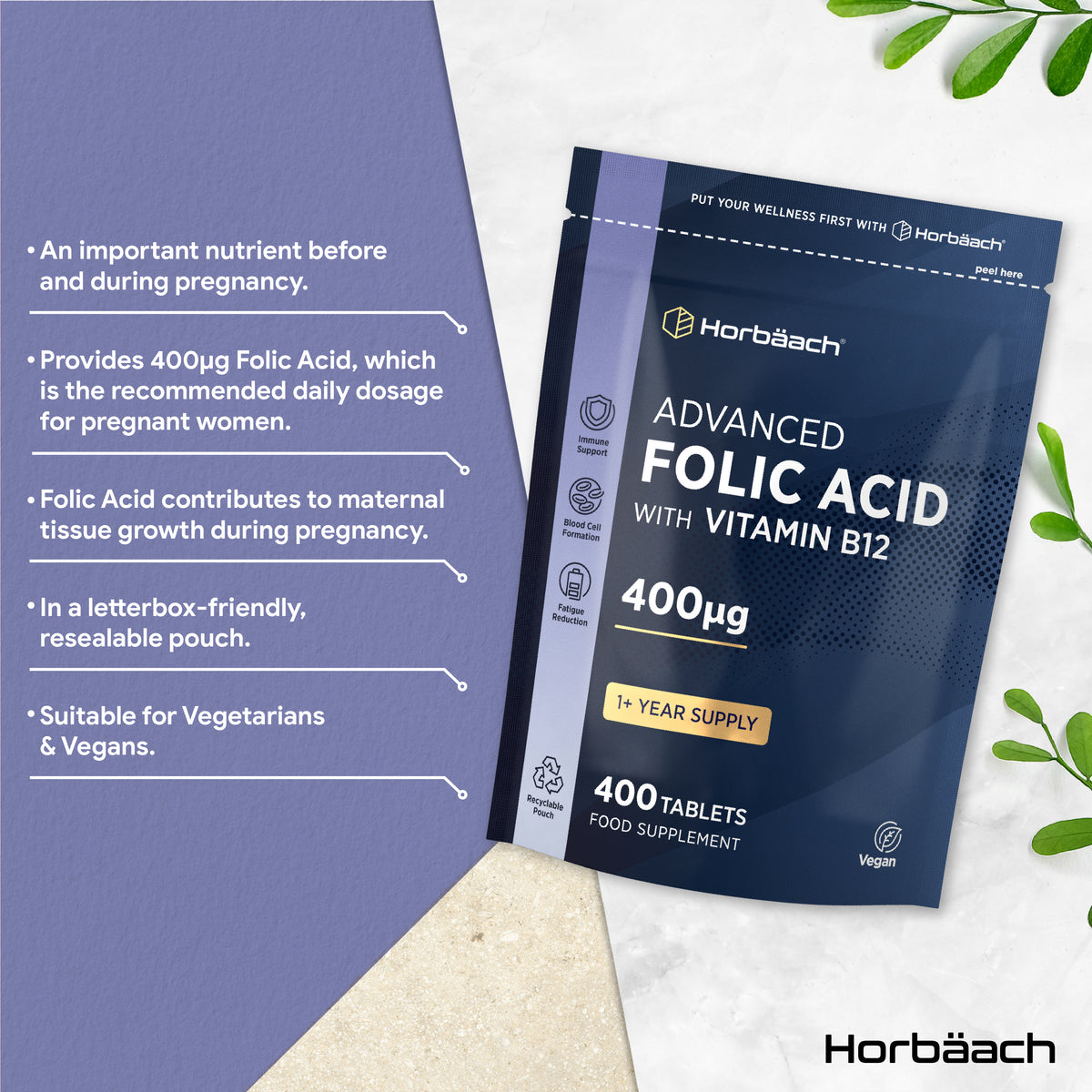 Horbäach Advanced Folic Acid with Vitamin B12, 400µg per tablet, 400 tablets in total.