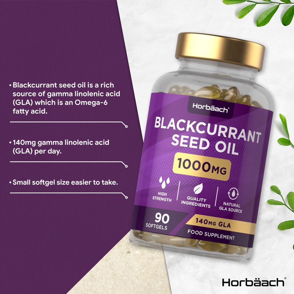 Image showing a hand holding Blackcurrant Seed Oil 1000mg softgels, 90 count, containing 140mg GLA each.