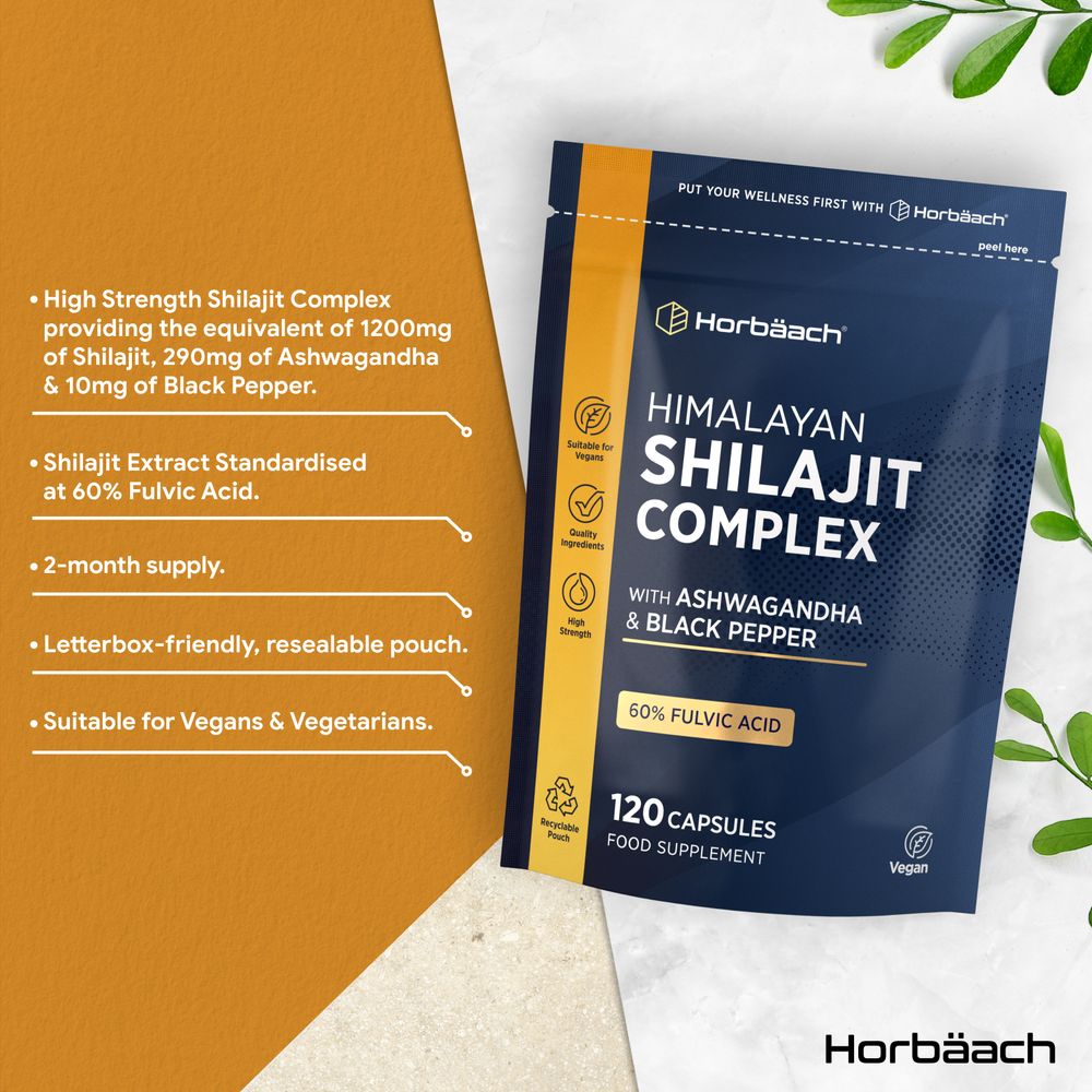 Hand holding a bulk scale image of 120 vegan capsules of Himalayan Shilajit Complex, showcasing the product's quantity and packaging.