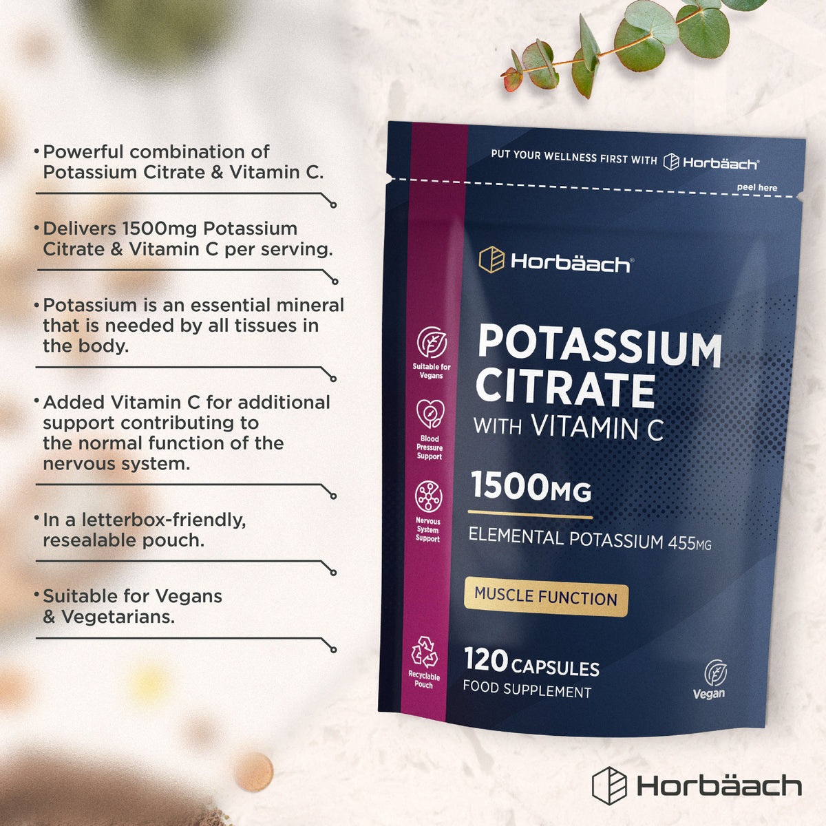 Horbäach Potassium Citrate with Vitamin C, 1500mg, featuring 455mg elemental potassium, in 120 capsules.