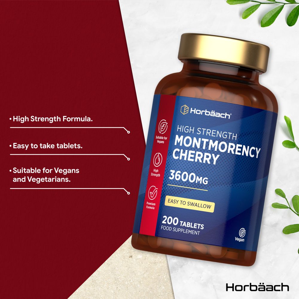 A bulk scale image features 200 Vegan Montmorency Cherry 3600mg Tablets, indicating a high-dose supplement option.