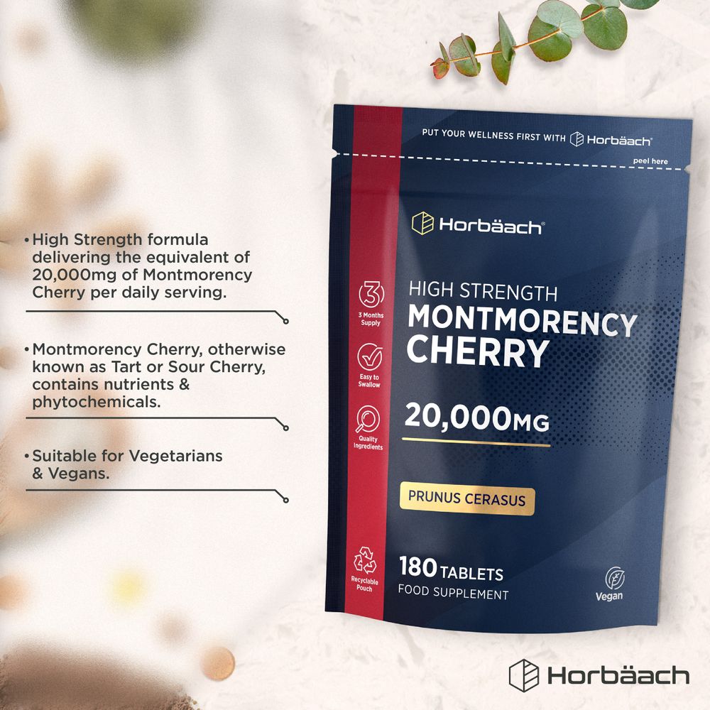Horbäach High Strength Montmorency Cherry 20,000mg tablets, Prunus Cerasus, 180 Vegan tablets in a recyclable pouch.