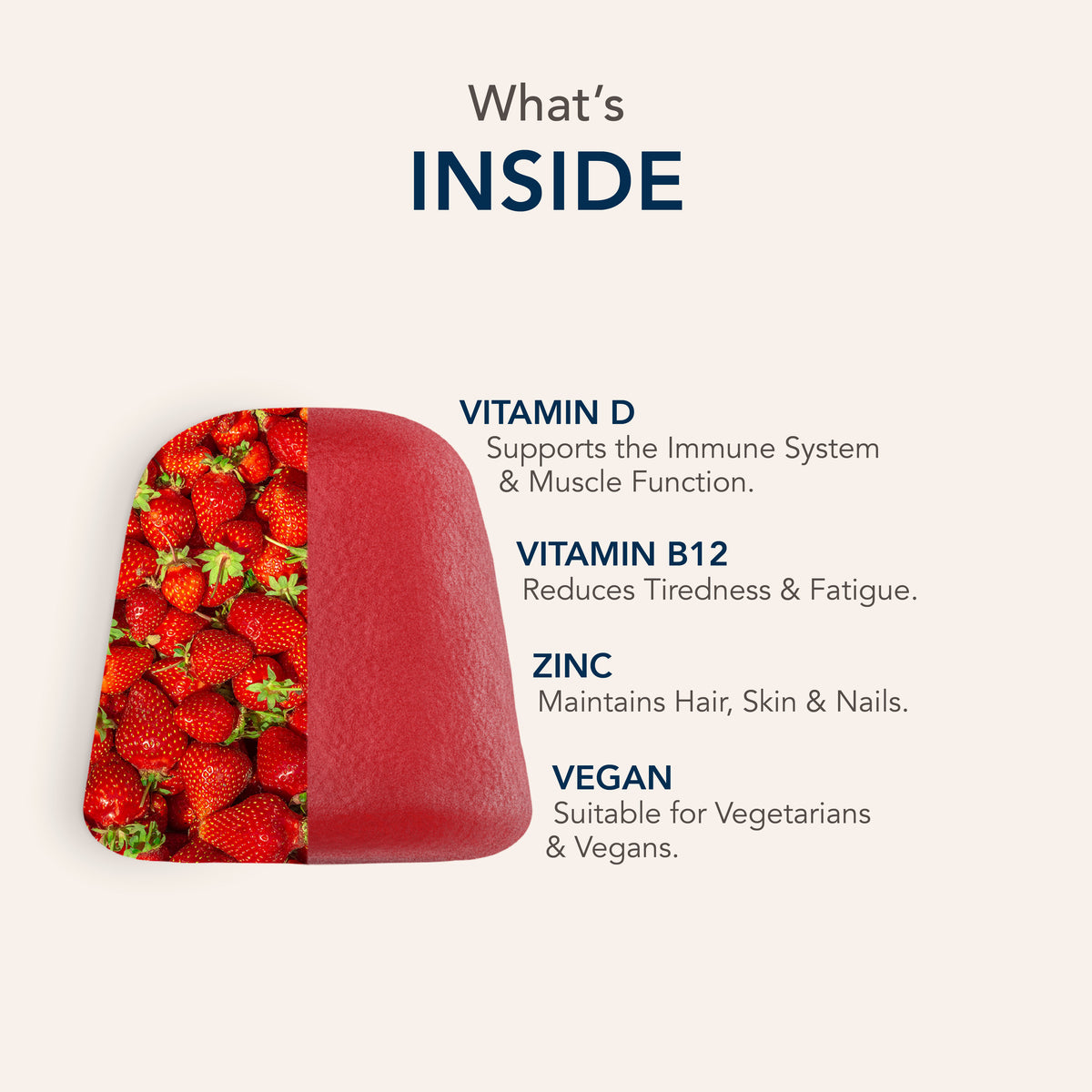 Product highlights graphic stating Vitamin D for Immune/Muscle, Vitamin B12 reduces Tiredness/Fatigue, Zinc for Hair/Skin/Nails, Vegan.