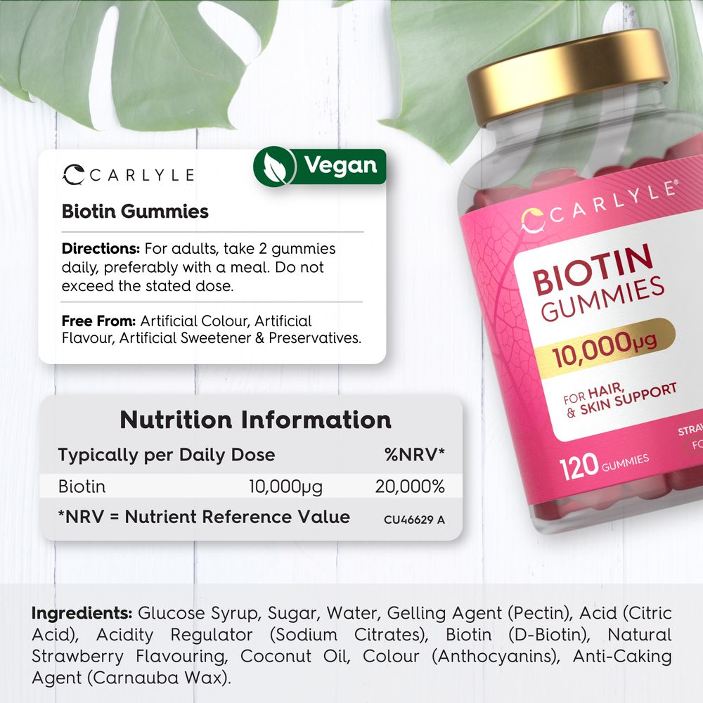 Vegan Biotin Gummies with 10,000µg per 2-gummy serving, available in a bulk scale of 120 gummies.