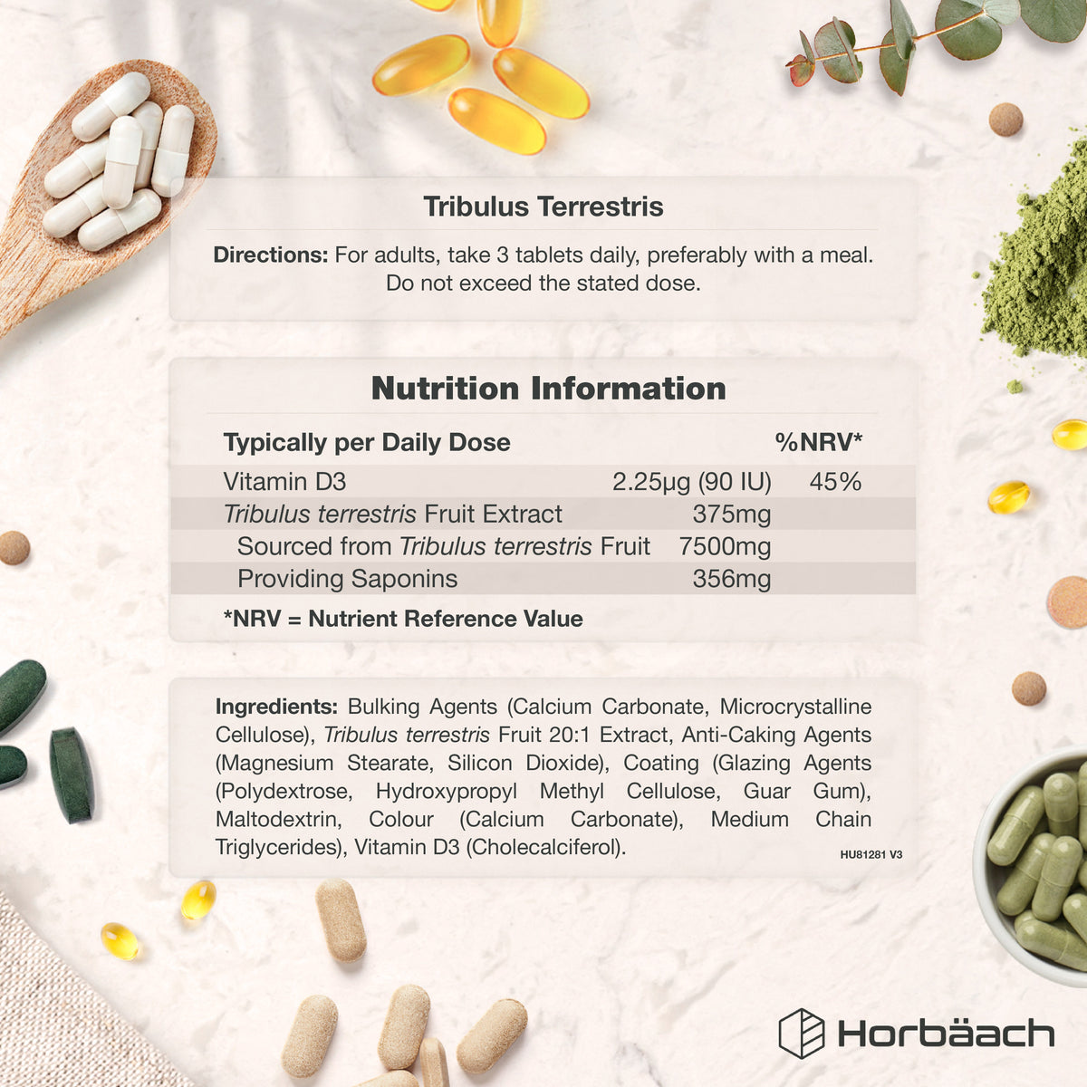 Graphic showing product information for Tribulus Terrestris 7500mg 120 Vegan Tablets.