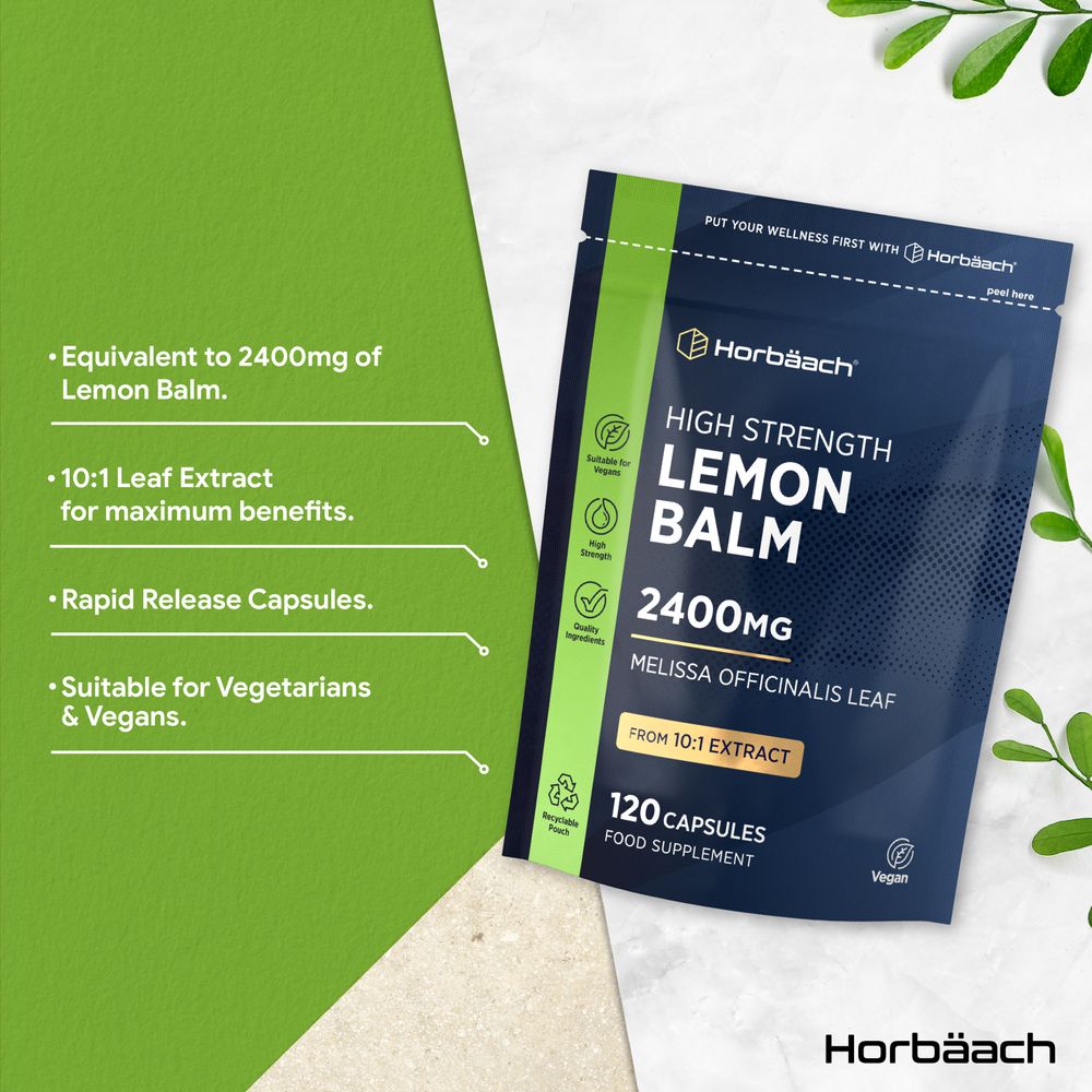 Hand holding bottle of High Strength Lemon Balm 2400mg, from 10:1 extract, containing 120 capsules.