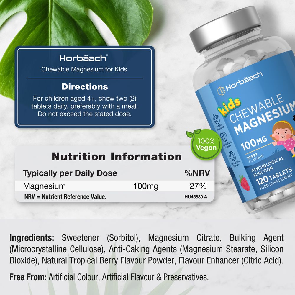 Horbäach Chewable Magnesium for Kids: 120 tablets with a 100mg daily dose from 2 tablets.