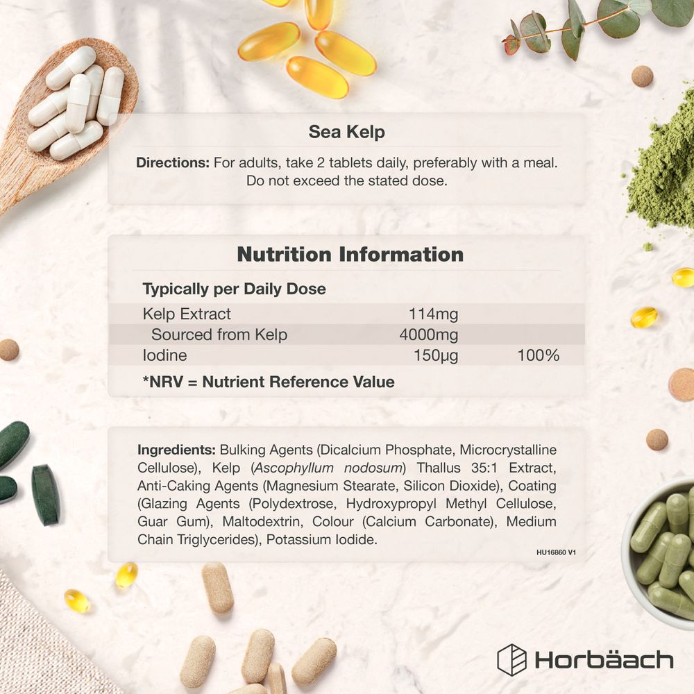 Brown Sea Kelp 4000mg Vegan tablets in oblong shapes scattered on a surface.