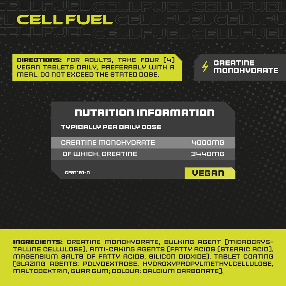 Vegan tablets offer 4000mg Creatine Monohydrate (3440mg pure creatine) per daily dose.