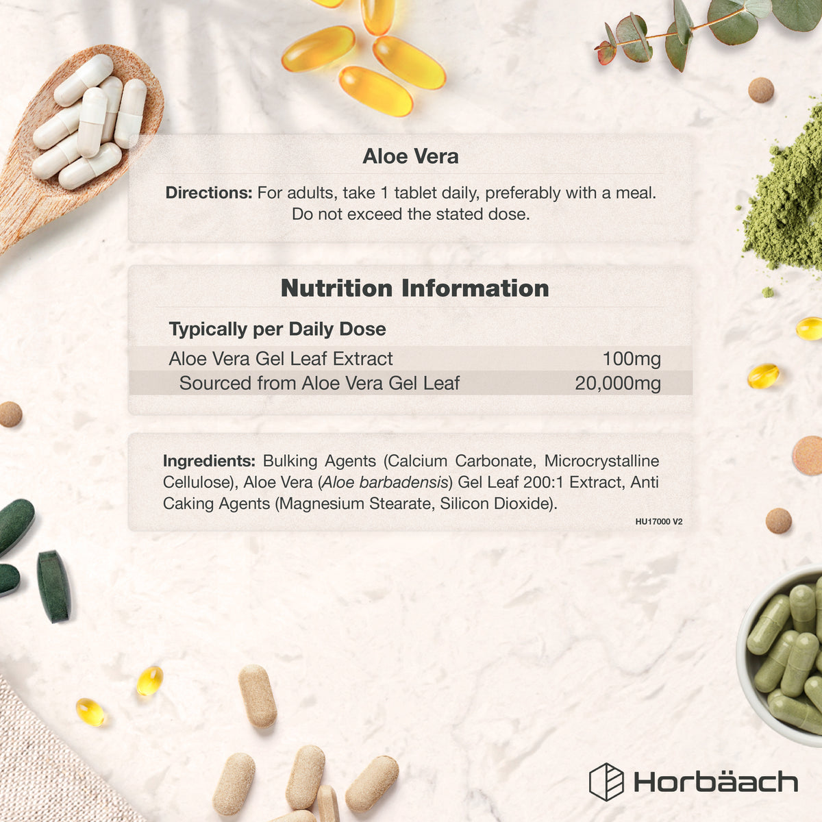Aloe Vera supplement label with daily directions; 100mg Aloe Vera Gel Leaf Extract is equivalent to 20,000mg from Gel Leaf.