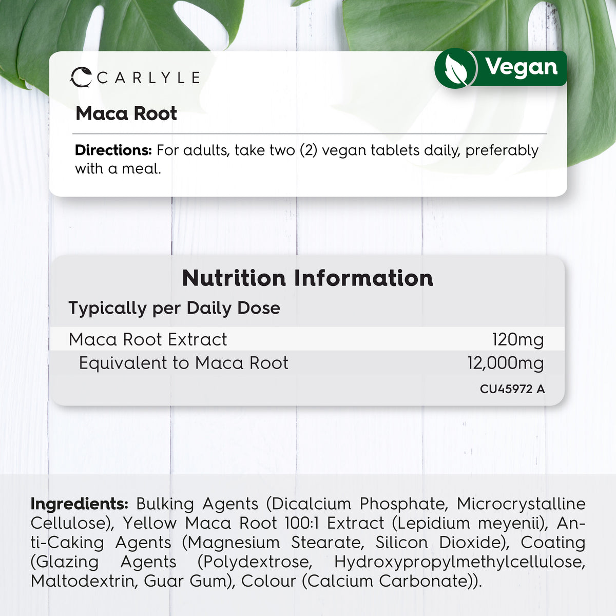 Maca Root 12000mg 180 Vegan Tablets: Directions, nutrition info (120mg extract, 12,000mg equivalent), and ingredients list.
