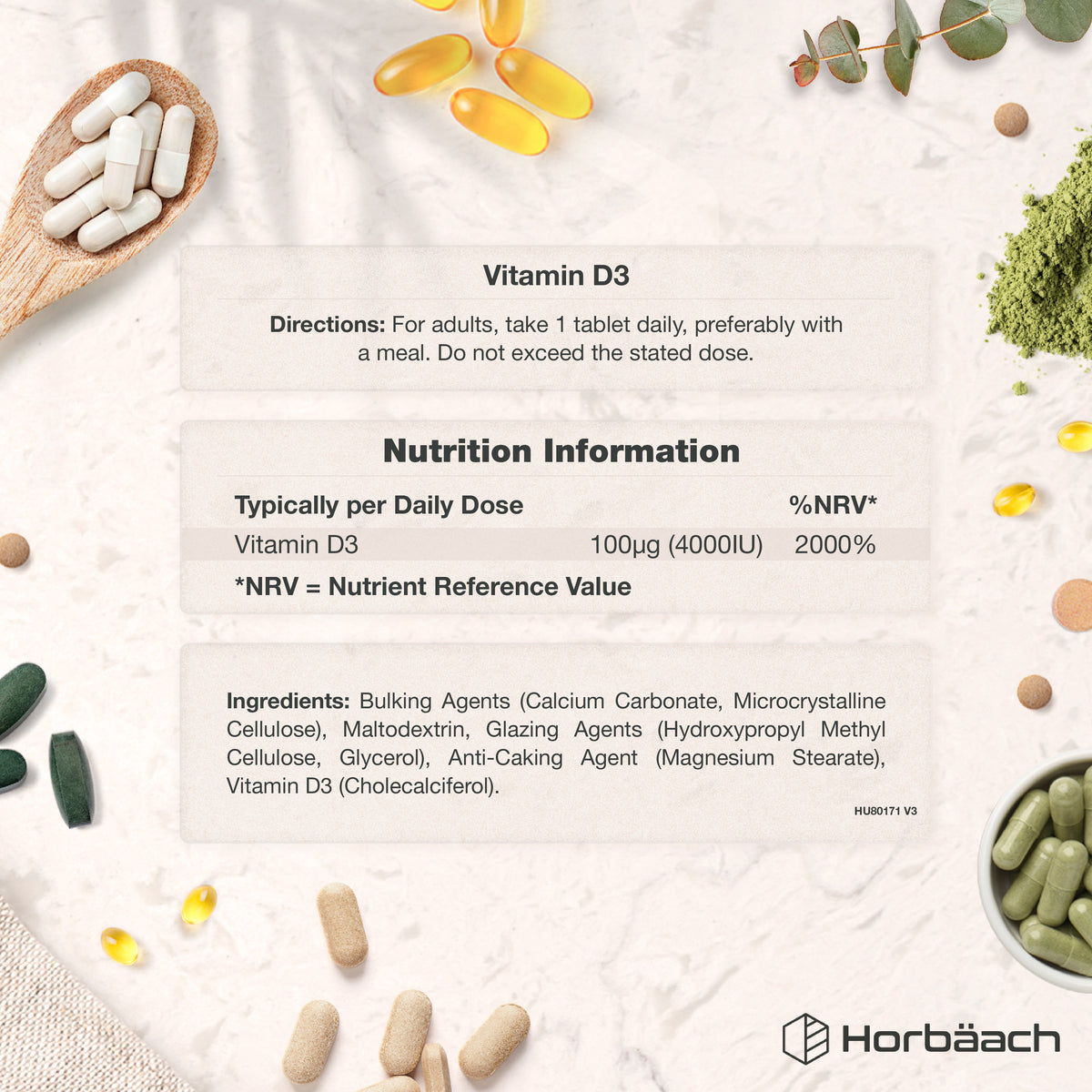 HU Vitamin D 4000IU 365 Vegetarian Tablets label stating 100mcg (4000IU) Vitamin D3 per tablet, daily directions, & ingredients.