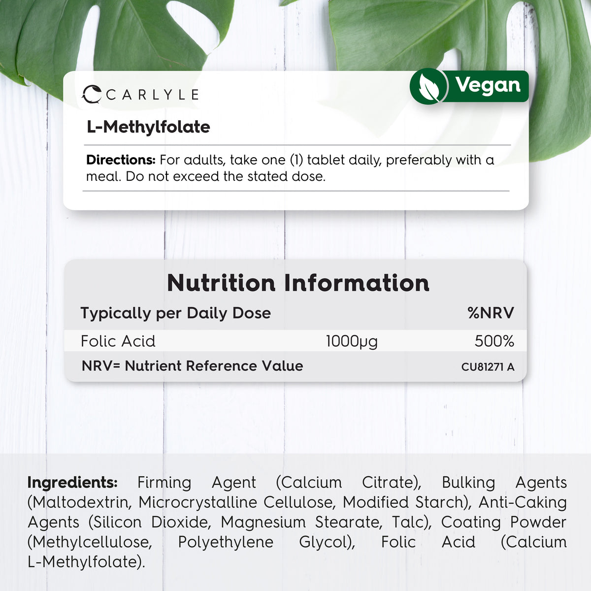 Vegan L-Methylfolate 1000µg product details graphic showing directions, nutrition information, and ingredients list.