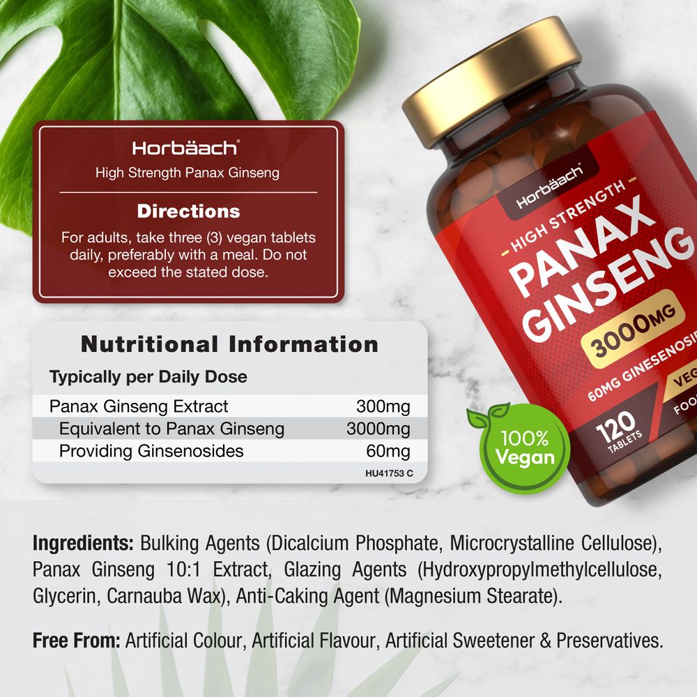 Hand holding a bulk bottle of Panax Ginseng, containing 3000mg per tablet and offering 120 vegan tablets total.