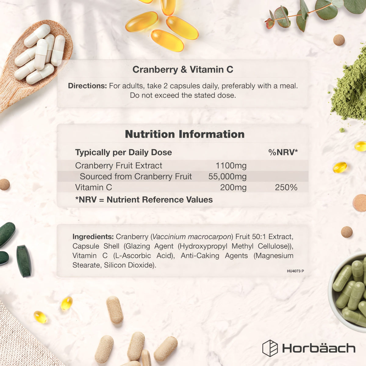 Supplement Facts for HU Cranberry Extract 55000mg, 180 capsules.