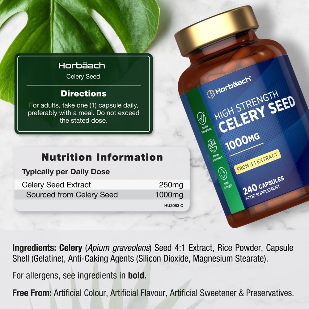 Celery Seed 1000mg, from 4:1 Extract, 240 Capsules with directions, nutrition information, and ingredients details.