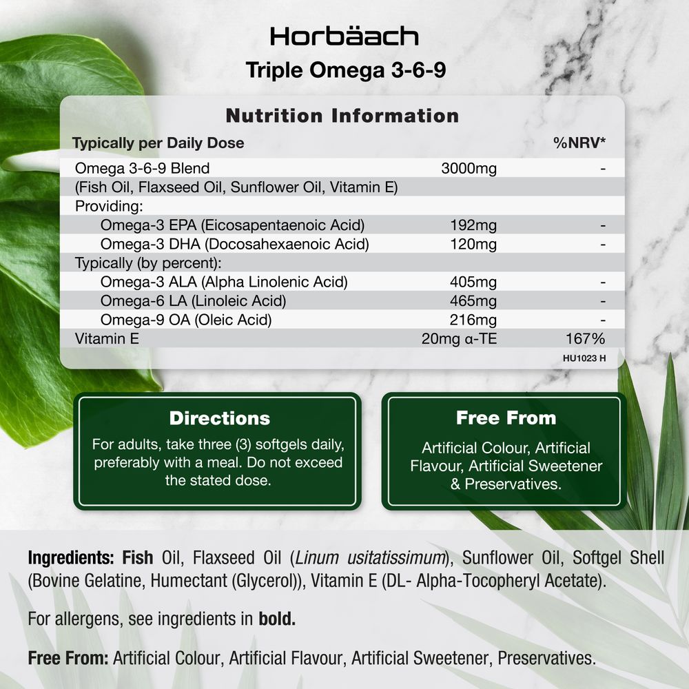 Horbäach Triple Omega 3-6-9 supplement facts panel.