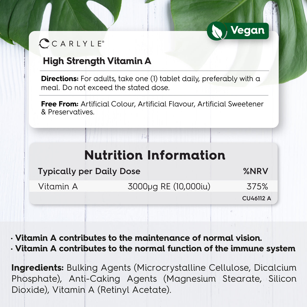 High Strength Vitamin A 3000µg RE, 10,000iu, 365 Vegan Tablets.