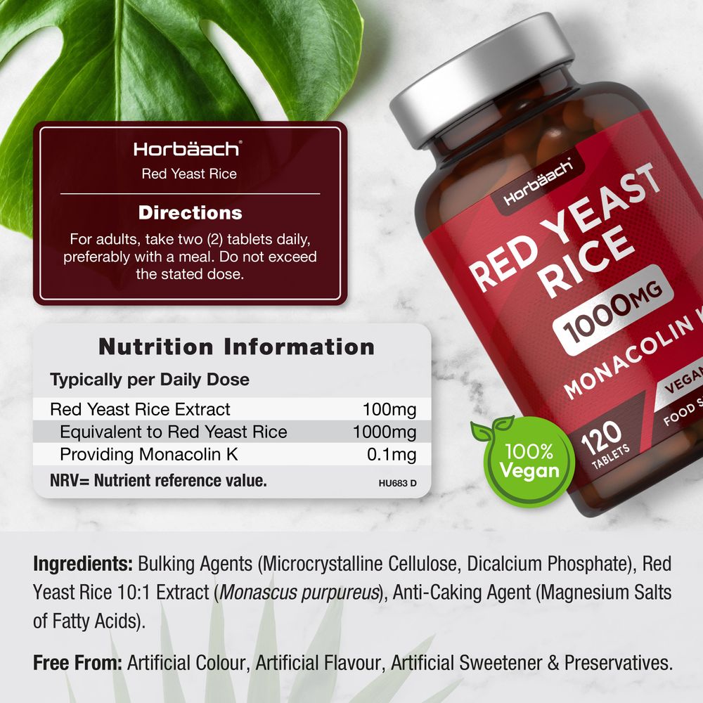 A bottle of Red Yeast Rice 1000mg containing 120 tablets displayed on a hand, indicating bulk scale for easy measurement.