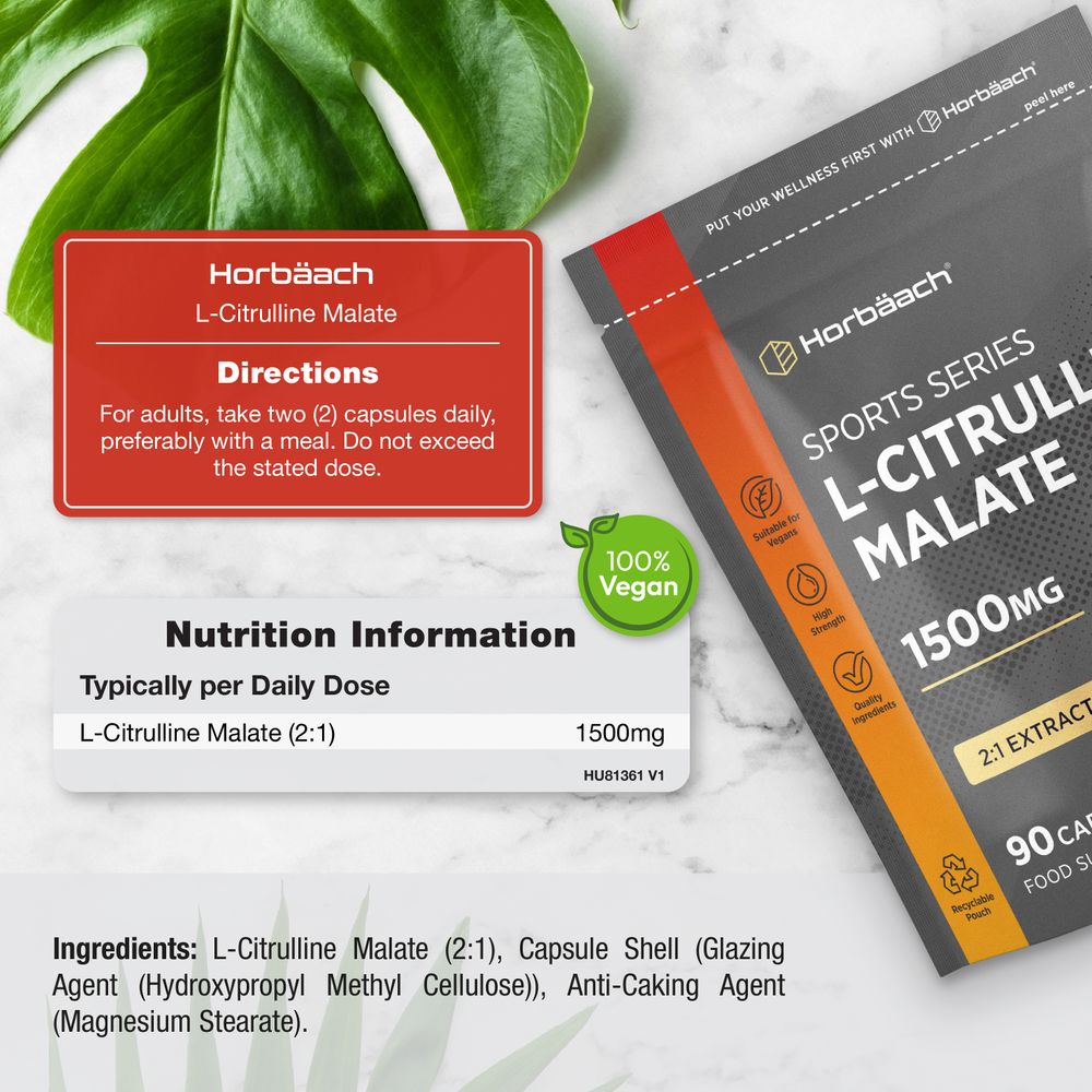 Vegan L-Citrulline Malate capsules offering 1500mg per daily dose of 2 capsules.