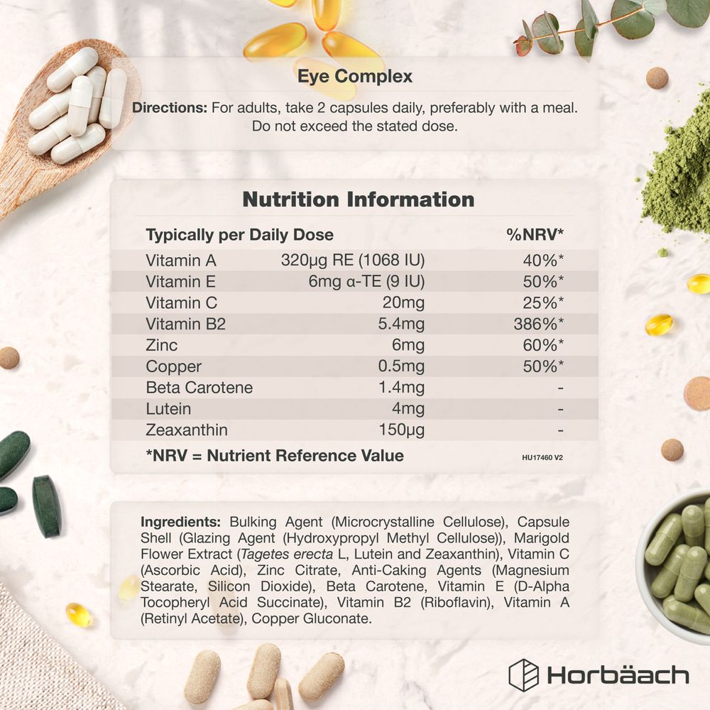 White capsules on a wooden spoon, green capsules in a dish, and loose beige capsules, for Eye Complex 120 Vegan Capsules.