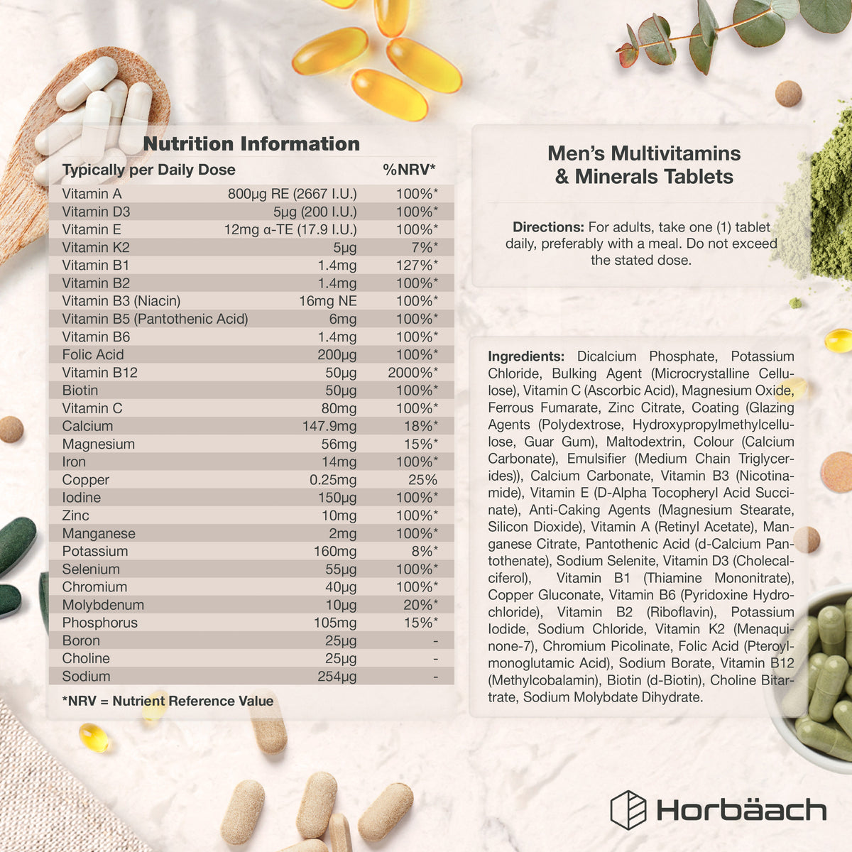 HU Mens Multivitamin & Mineral 180 Vegetarian Tablets shown with nutrition facts and ingredients list.