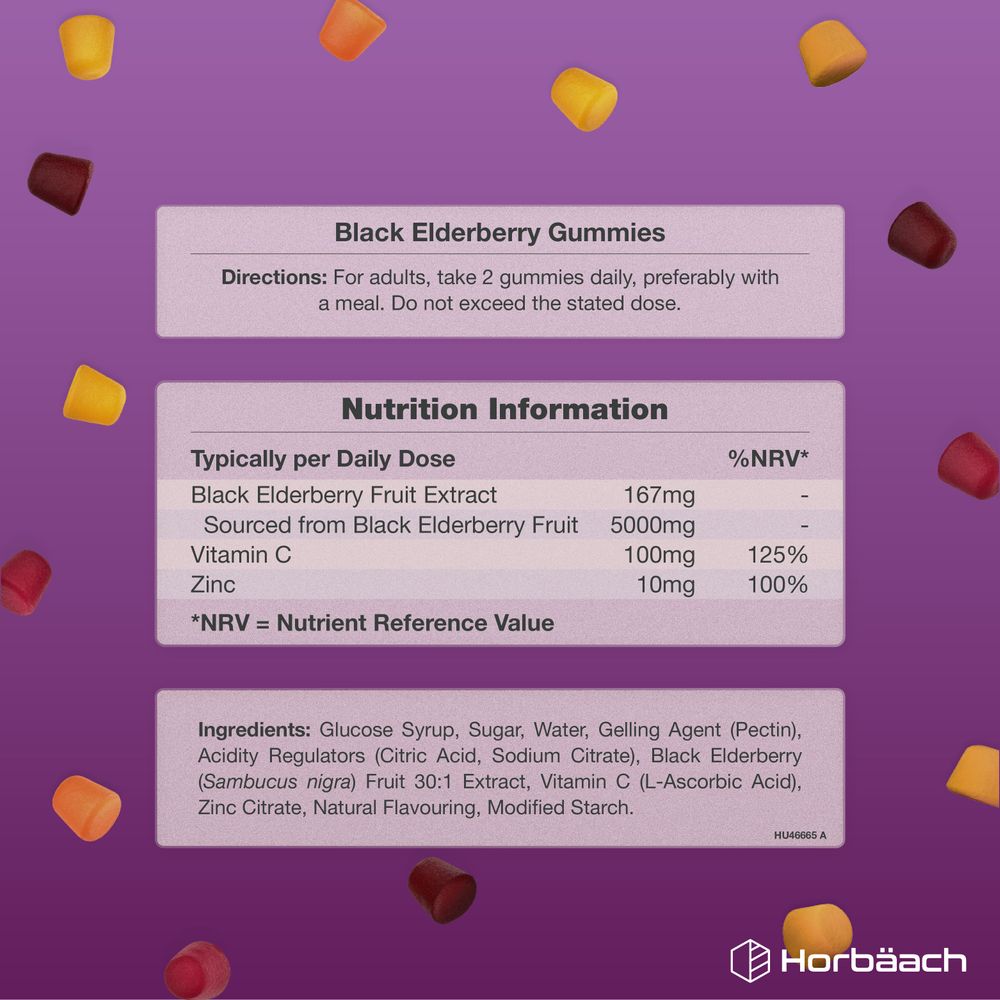Black Elderberry Gummies: 2 gummies daily, providing 167mg fruit extract, 100mg vitamin C, and 10mg zinc.