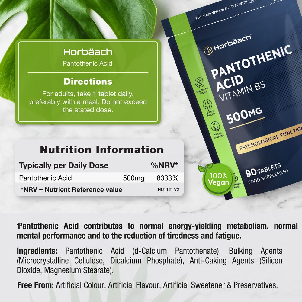 Vitamin B5 tablets, 500mg Pantothenic Acid, 90 count bottle.