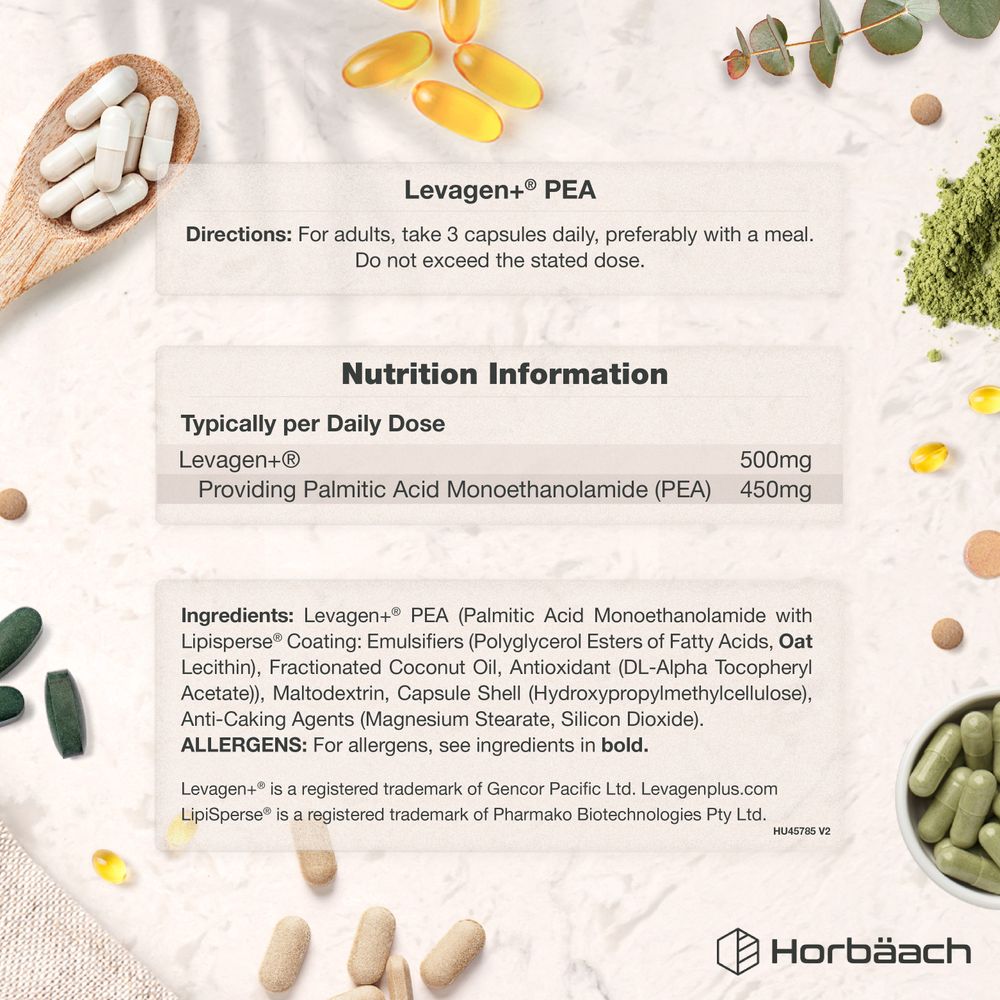 Green vegan capsules, 450mg each, with Palmitic Acid Monoethanolamide (PEA), on a hand scale.