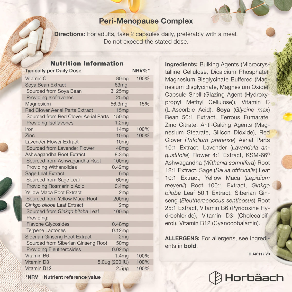 Supplement Facts for Perimenopause Complex, 60 Vegan Capsules.