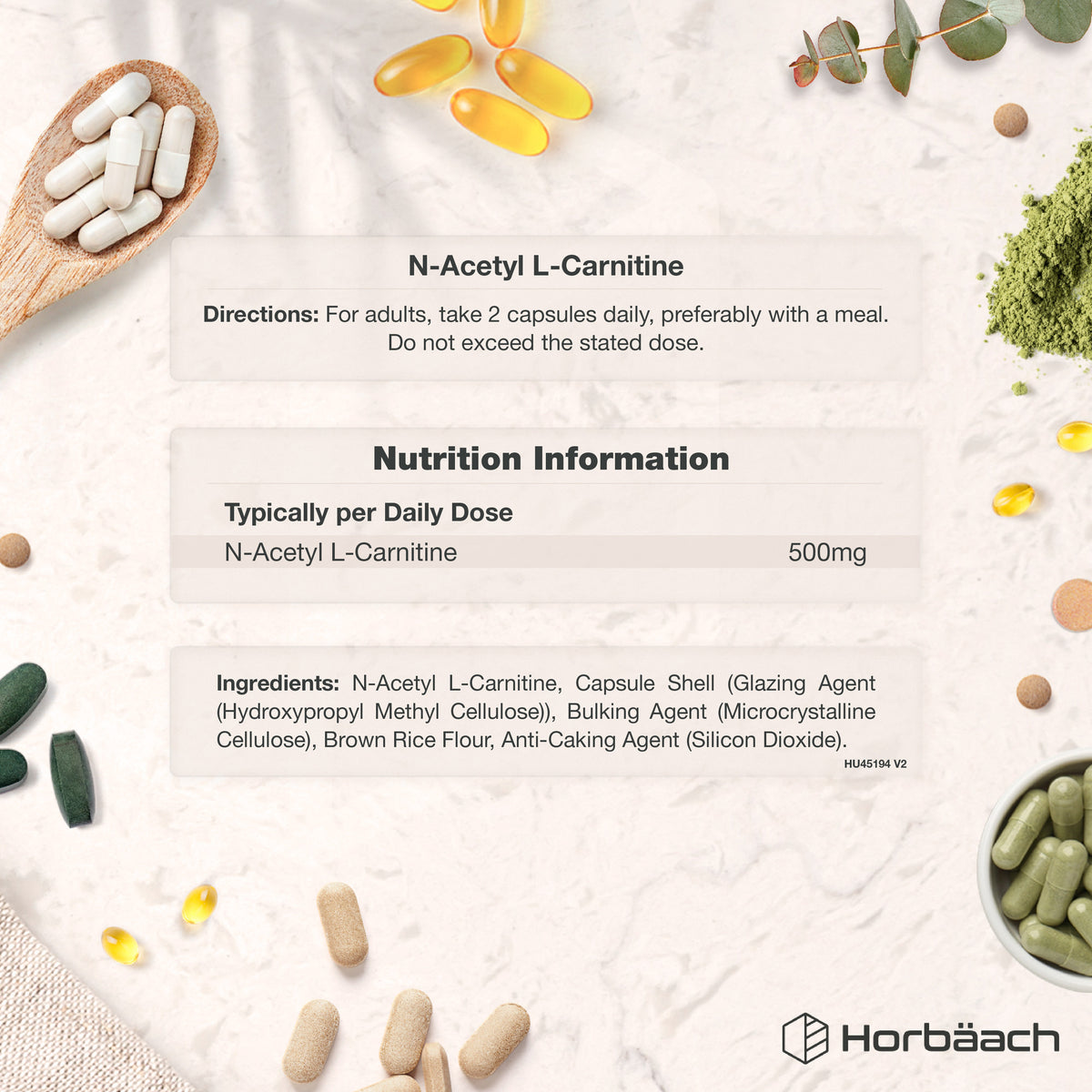 N-Acetyl L-Carnitine 500mg capsules with directions, nutrition facts, and ingredients on product graphic.