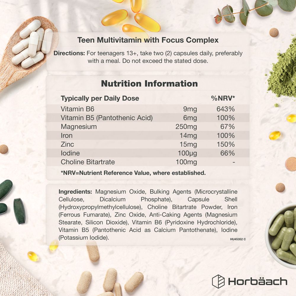 White and green capsules for Teen Multivitamin with Focus Complex; take two daily. Image shows capsules on a hand scale.