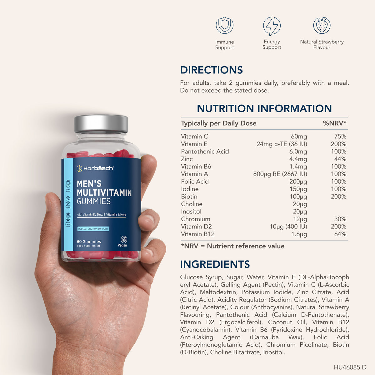 Supplement Facts panel for HU Men's Multivitamin Gummies, 60 vegan gummies.