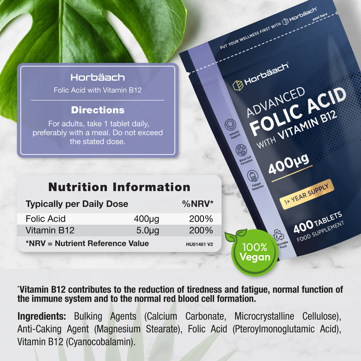Advanced Folic Acid with Vitamin B12, 400µg, 400 Vegan Tablets, offering a 1-year supply in a recyclable pouch.