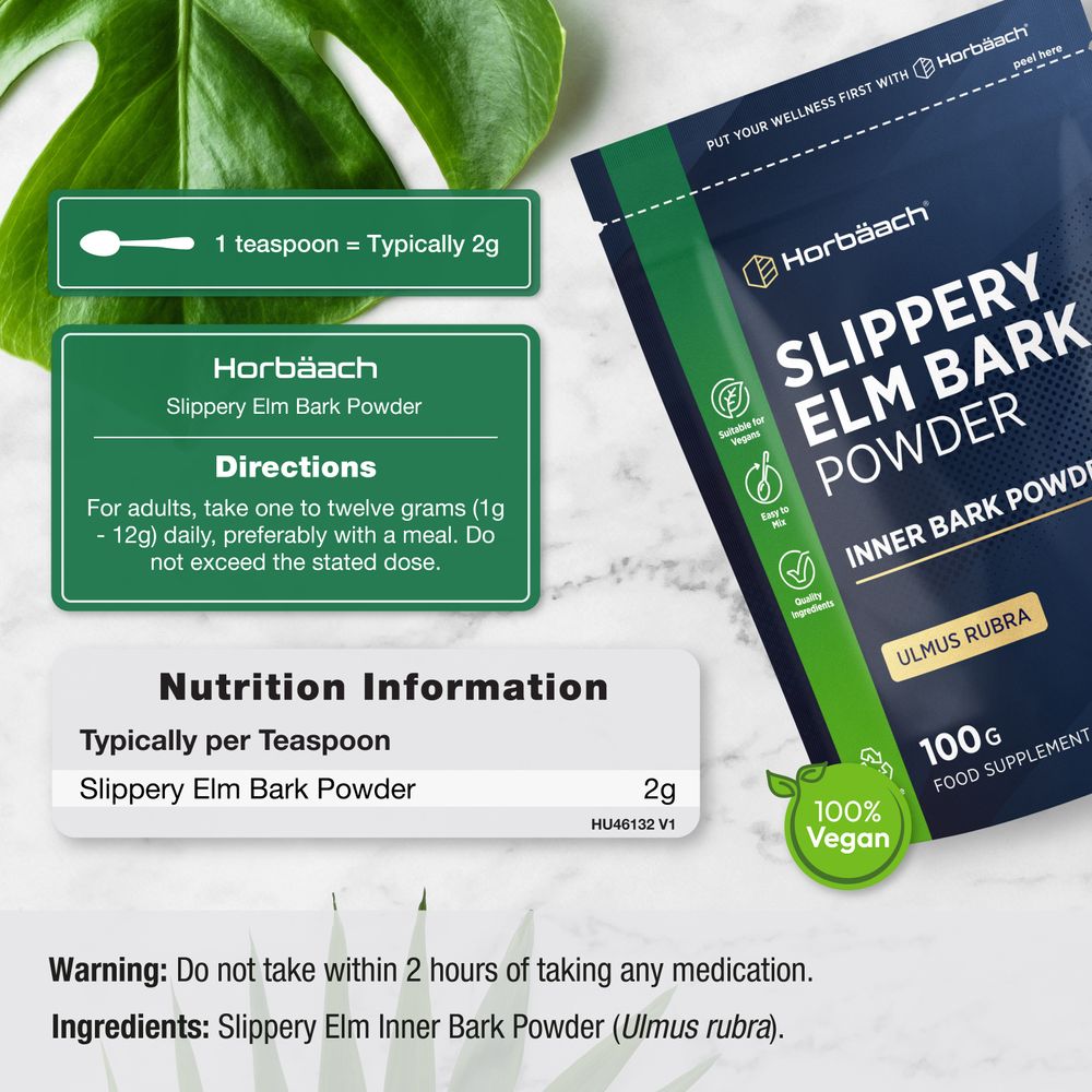 Horbäach Slippery Elm Bark Powder, 100g. Nutrition info shows 1 teaspoon usually contains 2g of powder.