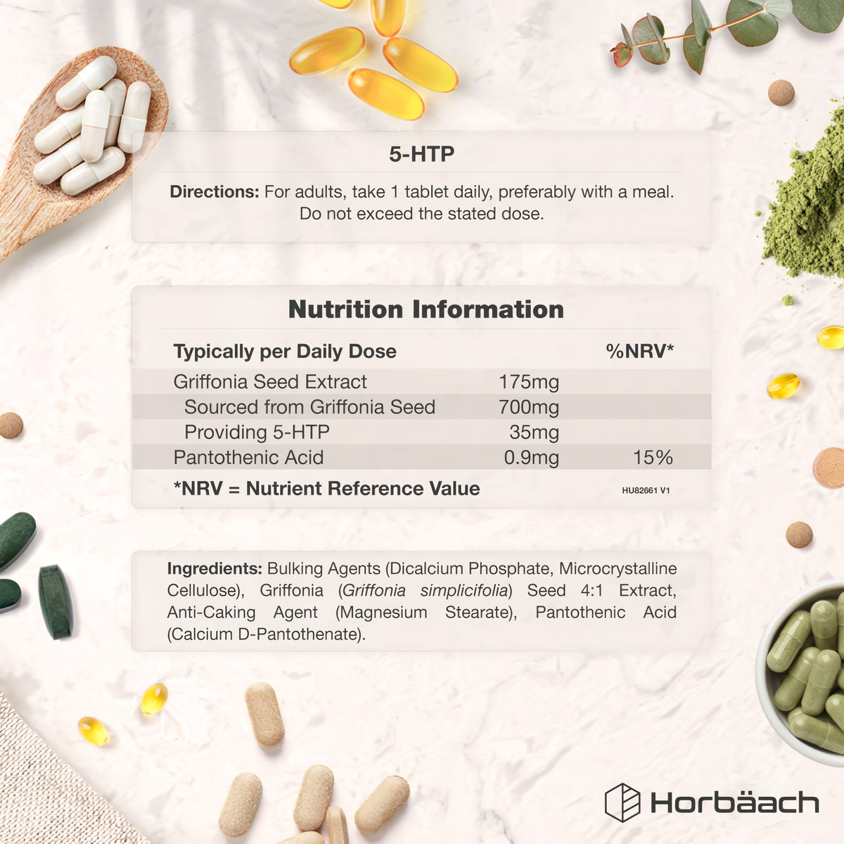 Supplement Facts panel for 5 HTP 700mg with 180 Vegan Tablets.