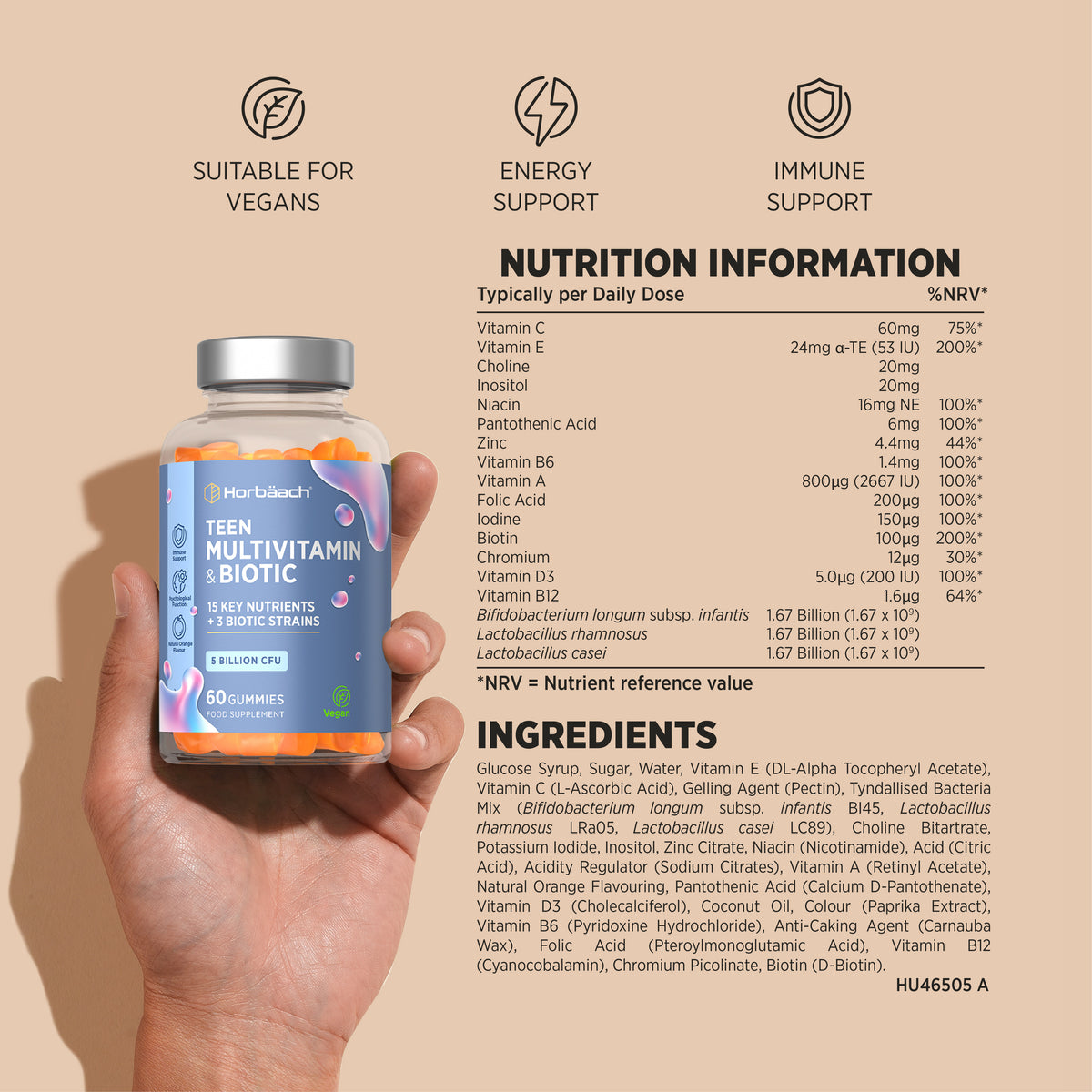 Teen Multivitamin & Biotic Gummies, 60 count. Features 5 Billion CFU. Vegan-friendly for energy and immune support.