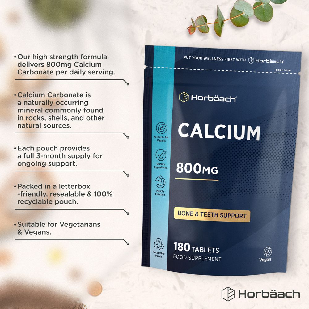 A pouch containing 180 Horbäaach Calcium 800mg vegan tablets, suitable for bulk purchase.
