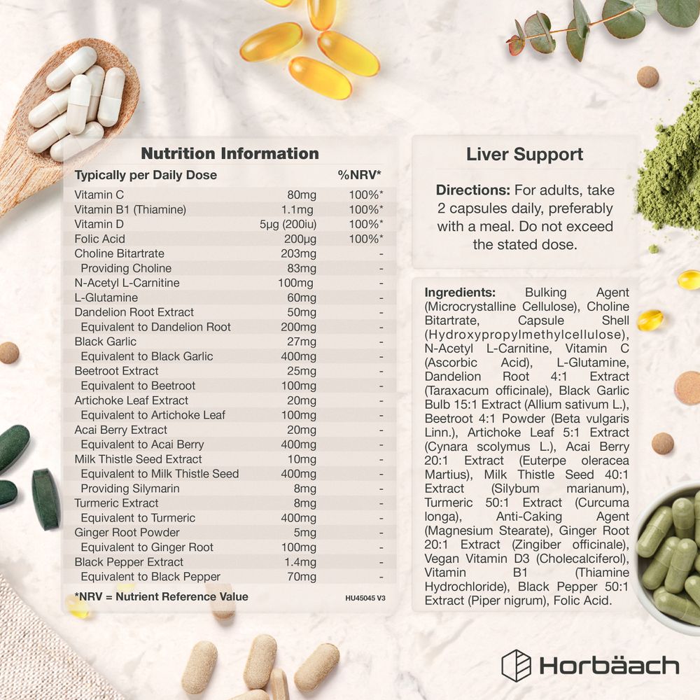White capsules rest on a wooden spoon, with yellow softgels and green powder visible in the background.