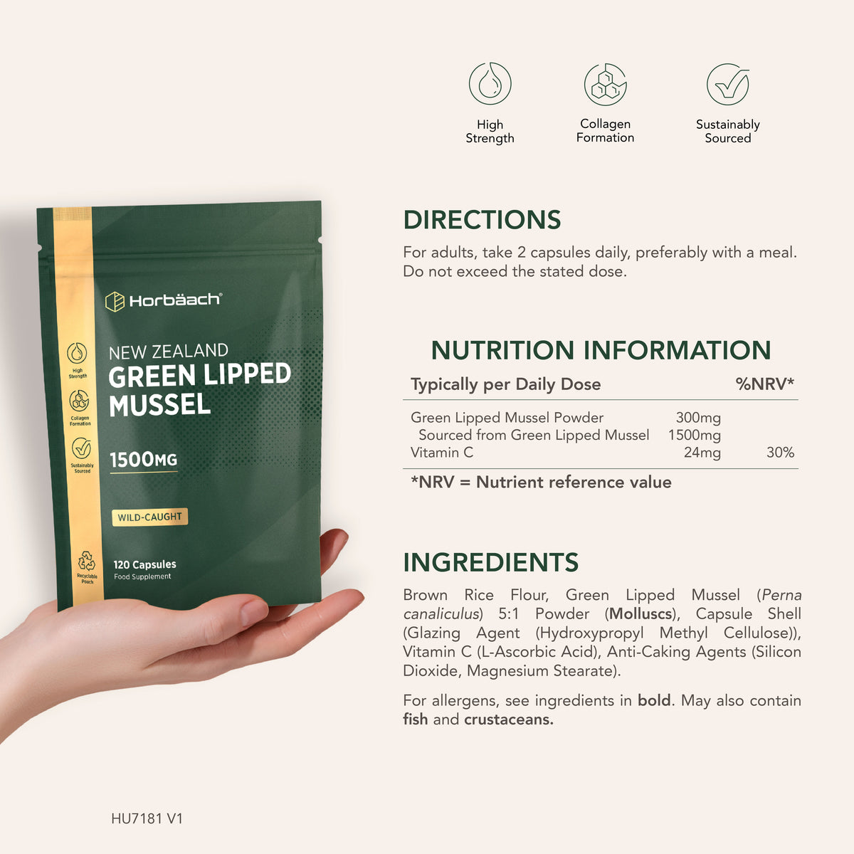 Green Lipped Mussel 1500mg, 120 capsules for collagen formation. Sustainably sourced and wild-caught.